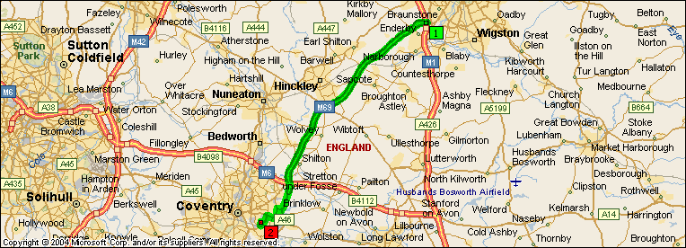 This is a map displaying the route from the M1 (junction 21) and the M6 (Junction 2)  to our office