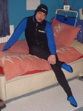  Picture of Simon Stevens, CEO of Enable Enterprises, modelling the brand new Warmbac Retro Special Needs Wetsuit with Hood and Sock